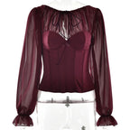 Long sleeve chiffon patchwork corset zip-up top  | Festival Outfits Women