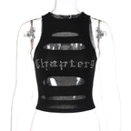 Sleeveless crewneck hollow out beaded contrast crop cut out top
