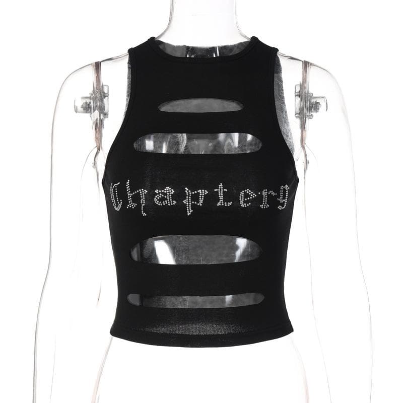 Sleeveless crewneck hollow out beaded contrast crop cut out top