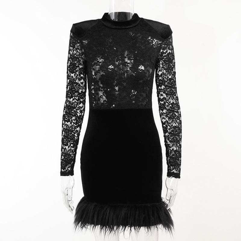 Lace solid see through long sleeve furry mini dress