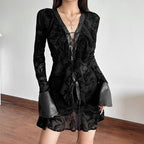 Long sleeve v neck self tie ripple button mini dress  | Festival Outfits Women