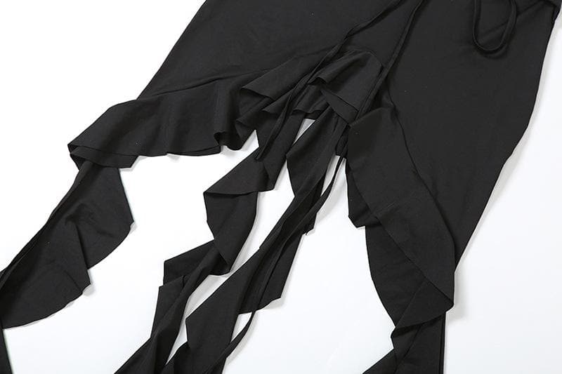 Lace up solid ruffle backless irregular tube mini dress