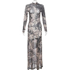 Sheer mesh see through abstract long sleeve high neck maxi dress
