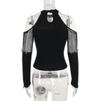 Off shoulder long sleeve fishnet patchwork buckle top  | Festival Outfits Women