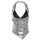Halter metallic glitter cowl neck ruched 2 piece top  | Festival Outfits Women