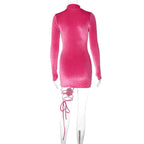 Velvet flower applique drawstring solid long sleeve gloves self tie mini dress