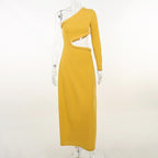 Long sleeve solid hollow out one shoulder backless midi dress - Final Sale