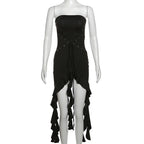 Lace up solid ruffle backless irregular tube mini dress