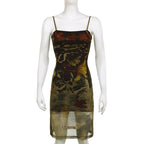 Mesh abstract print square neck contrast cami midi dress