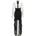 Halter cowl neck flower applique ruffle maxi dress  | Festival Outfits Women