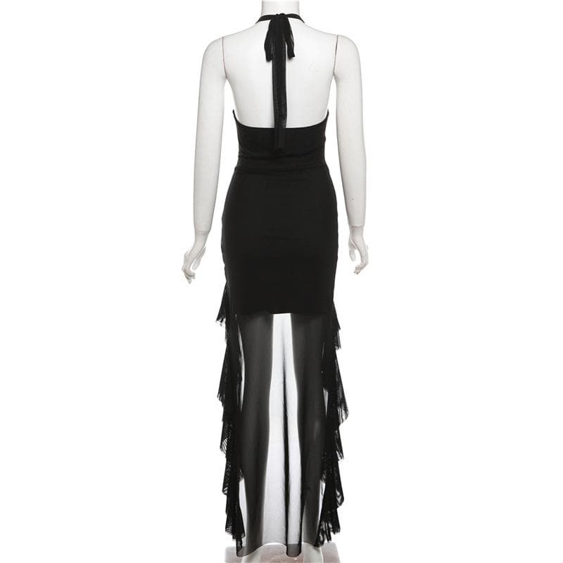 Halter cowl neck flower applique ruffle maxi dress  | Festival Outfits Women