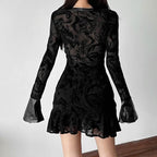 Long sleeve v neck self tie ripple button mini dress  | Festival Outfits Women