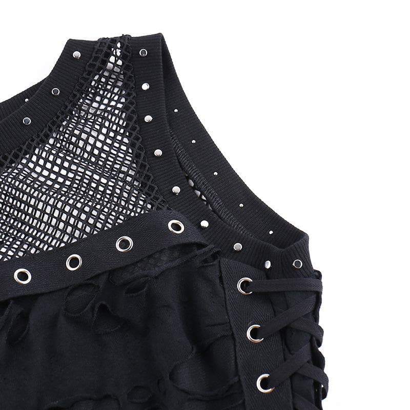 Crewneck fishnet buckle hollow out lace up tank cut out top  | Festival Outfits Women
