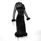 Long sleeve feather velvet mesh patchwork slit high neck midi dress
