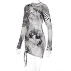 Long sleeve cross front print ruched drawstring dress