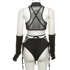 High neck o ring hollow out lace up gloves bodysuit  | Festival Outfits Women