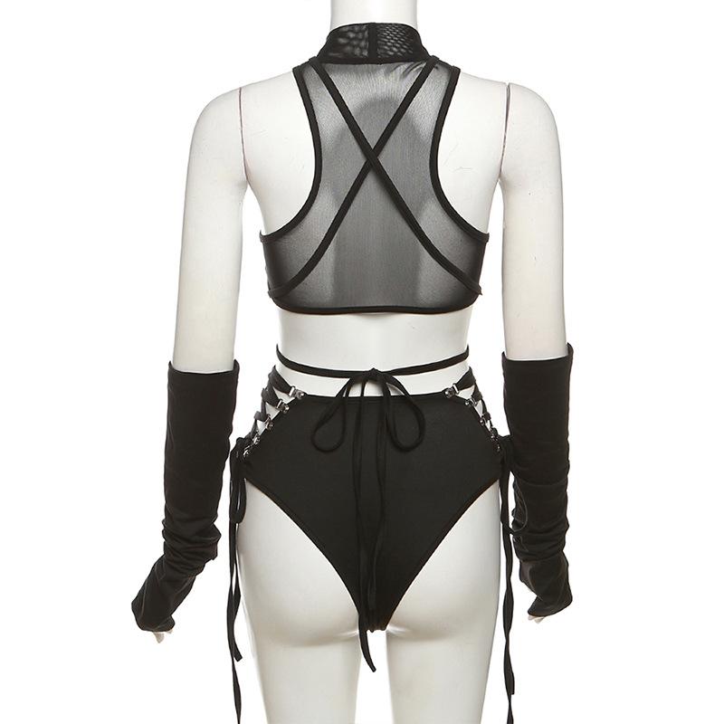 High neck o ring hollow out lace up gloves bodysuit  | Festival Outfits Women