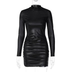 Ruched solid long sleeve high neck mini dress