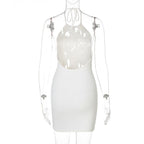 Ribbed solid halter backless drawstring mini dress