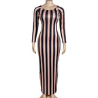 Striped print backless long sleeve contrast round neck maxi dress