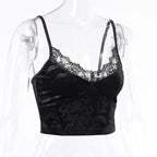Velvet pattern eyelash lace v neck cami top