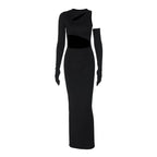 Long sleeve gloves irregular hollow out crewneck maxi dress
