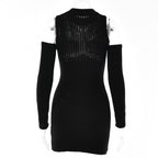 Long sleeve solid off shoulder crochet hollow out mini dress