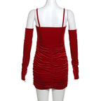 Velvet gloves ruched mesh backless cami mini dress