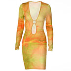 Long sleeve hollow out deep v neck ring mini dress