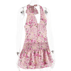 Halter smocked button flower print mini skirt set  | Festival Outfits Women