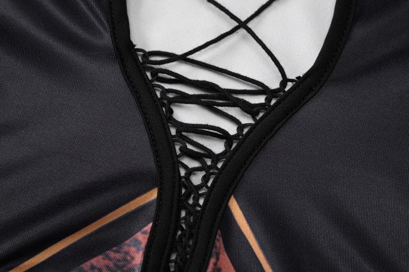 Lace up contrast print slit backless tube maxi dress