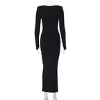 Long sleeve padded ruched flower applique hollow out midi dress