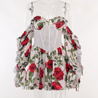 Off shoulder contrast long sleeve flower pattern backless mini dress