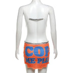 Letter print contrast cowl neck sleeveless metal chain mini dress