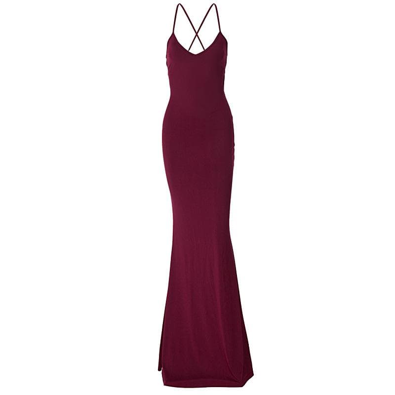 Ruched solid backless cross back v neck lace up maxi dress  | Festival Outfits Women