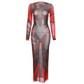 Long sleeve contrast sheer mesh see through midi dress
