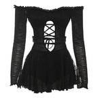 Off shoulder long sleeve hollow out self tie cut out mini dress  | Festival Outfits Women