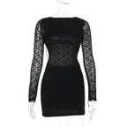 Lace solid long sleeve backless hollow out self tie mini dress