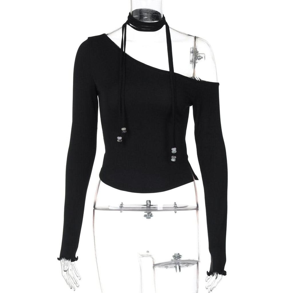 Halter one shoulder long sleeve beaded solid top  | Festival Outfits Women