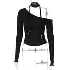 Halter one shoulder long sleeve beaded solid top  | Festival Outfits Women