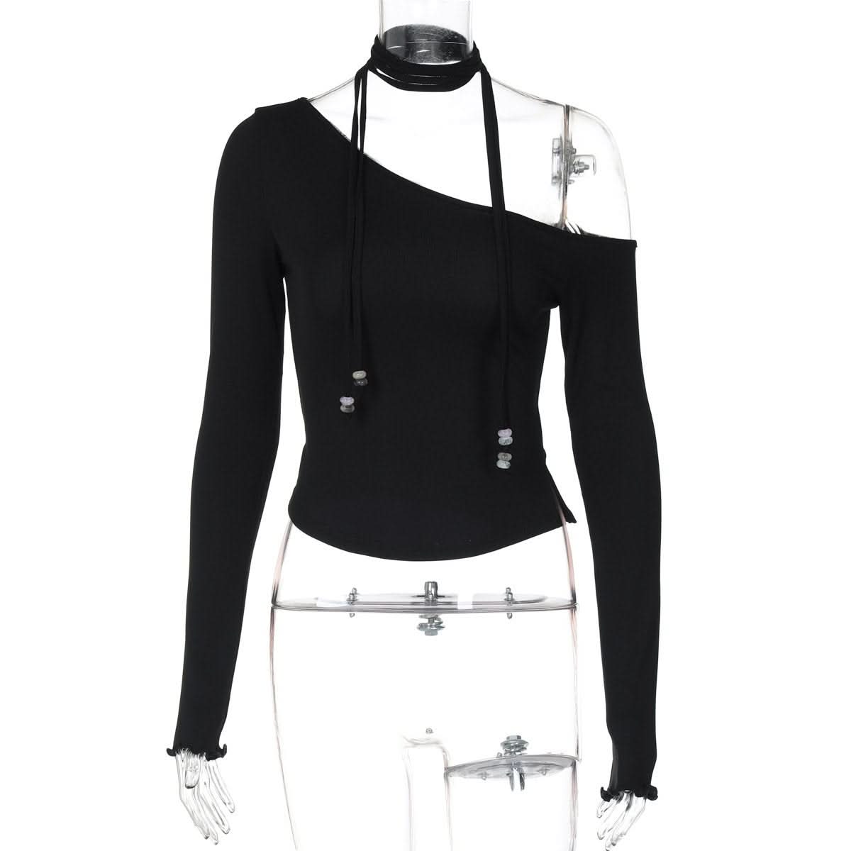 Halter one shoulder long sleeve beaded solid top  | Festival Outfits Women