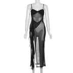 Sweetheart neck ruffle high slit sheer mesh cami midi dress  | Festival Outfits Women