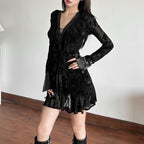 Long sleeve v neck self tie ripple button mini dress  | Festival Outfits Women