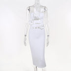 Solid halter slit ruched hollow out flower applique midi dress