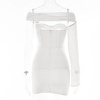 Solid one shoulder o ring hollow out mesh backless mini dress