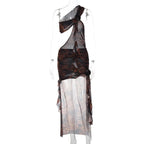 One shoulder ruffle flower print hollow out irregular slit midi dress