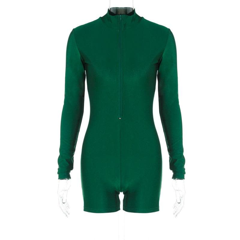 Zip-up solid long sleeve high neck romper  | Festival Outfits Women