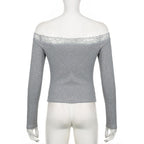 Long sleeve off shoulder ribbed heart pattern lace hem top  | Festival Outfits Women