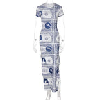 Print crewneck short sleeve slit midi dress