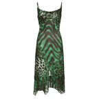 Leopard print cowl neck contrast ruffle backless mesh maxi dress